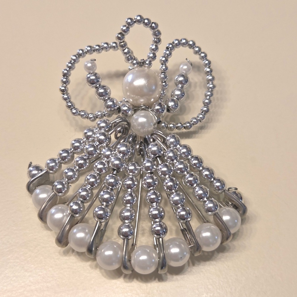 Vintage Handmade Angel Pin Brooch Silver Tone Faux Pearl Wings Skirt Christmas